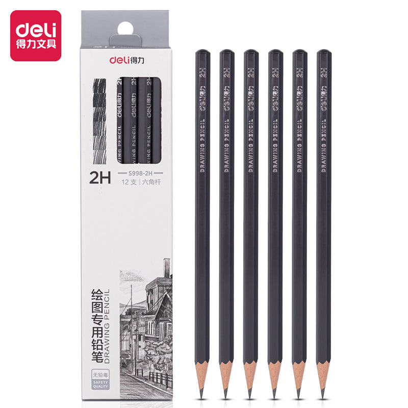 Deli Pencil-6B-Black | Soft wood barrel | Extra dark 1.2 H graphite | Non-smudge