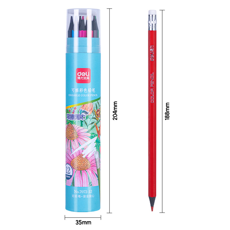 Deli Erasable Colored Pencil Tin | Vibrant | Erasable | Non toxic | 12 colors