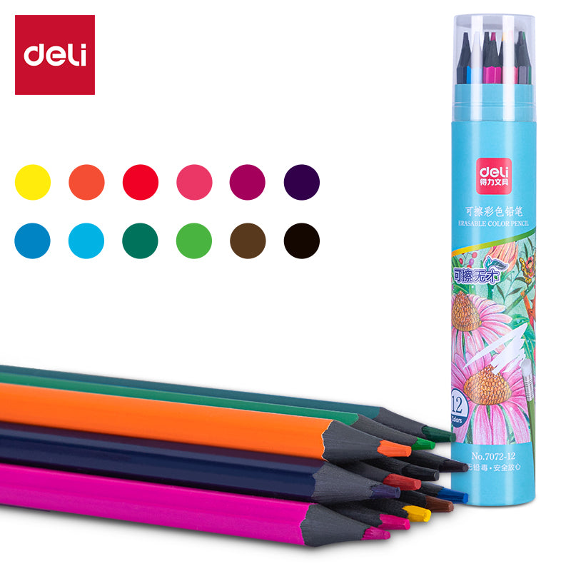 Deli Erasable Colored Pencil Tin | Vibrant | Erasable | Non toxic | 12 colors