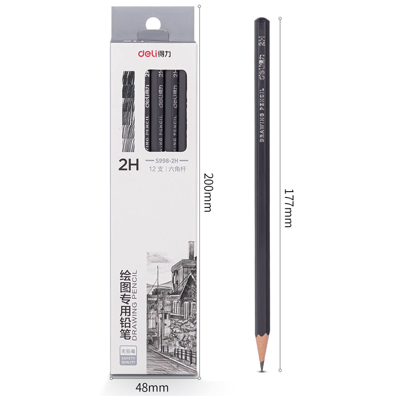 Deli Pencil-6B-Black | Soft wood barrel | Extra dark 1.2 H graphite | Non-smudge