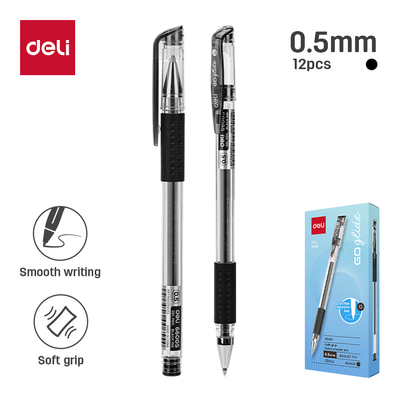 Deli Go Glide Gel Pen-0.5-BK | Ultra Smooth | 0.5mm | Soft grip