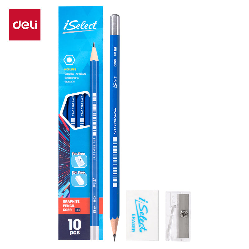 iSelect Pencil-HB-Hex-Blue - 10 Pcs Pack | Strong lead | Super dark writing | Free sharpener-eraser |