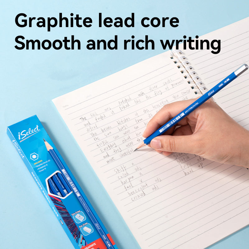 iSelect Pencil-HB-Hex-Blue - 10 Pcs Pack | Strong lead | Super dark writing | Free sharpener-eraser |
