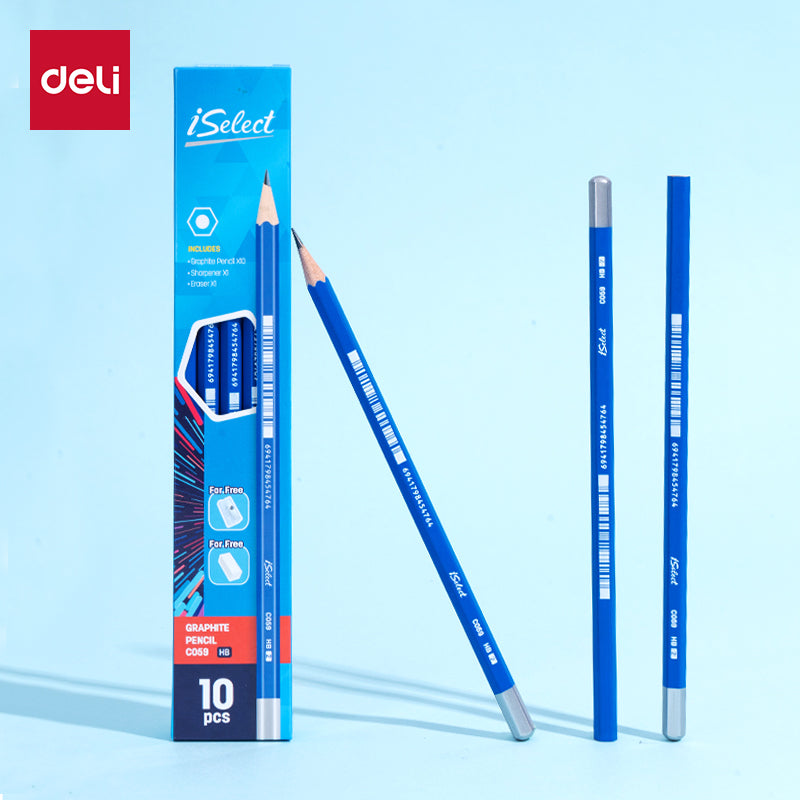 iSelect Pencil-HB-Hex-Blue - 10 Pcs Pack | Strong lead | Super dark writing | Free sharpener-eraser |