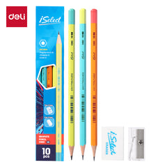 iSelect Pencil-HB-Hex-Colorful barrel - 10 Pcs Pack | Strong lead | Super dark writing | Free sharpener-eraser | Multi-color barrel