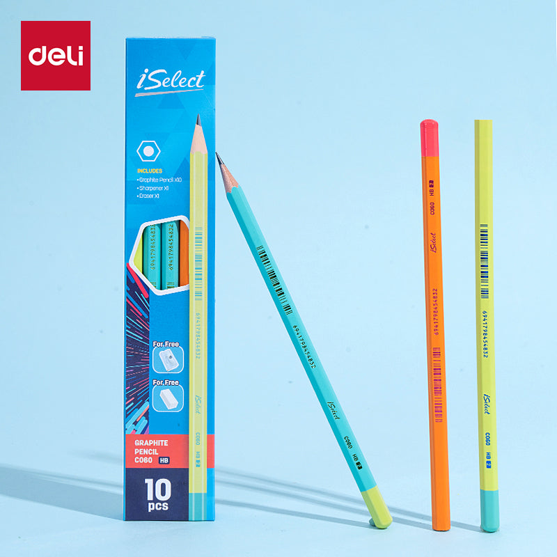 iSelect Pencil-HB-Hex-Colorful barrel - 10 Pcs Pack | Strong lead | Super dark writing | Free sharpener-eraser | Multi-color barrel
