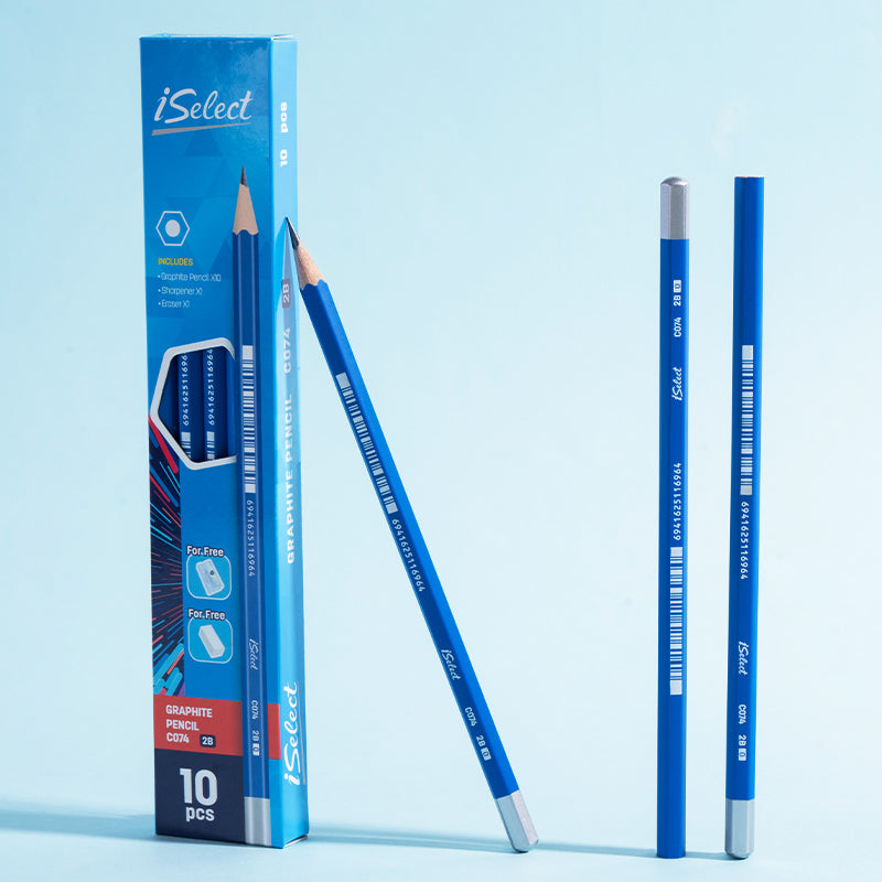 iSelect Pencil-2B-Hex-Blue | Hexagonal barrel design | Free sharpener and eraser | Super Dark lead