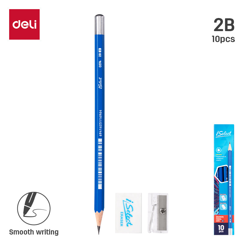 iSelect Pencil-2B-Hex-Blue | Hexagonal barrel design | Free sharpener and eraser | Super Dark lead