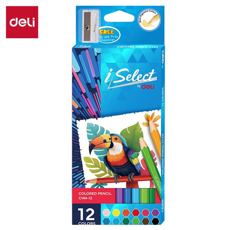 iSelect Color Pencil Large Full-12 | Vibrant | Smooth | Free sharpener | 12 colors