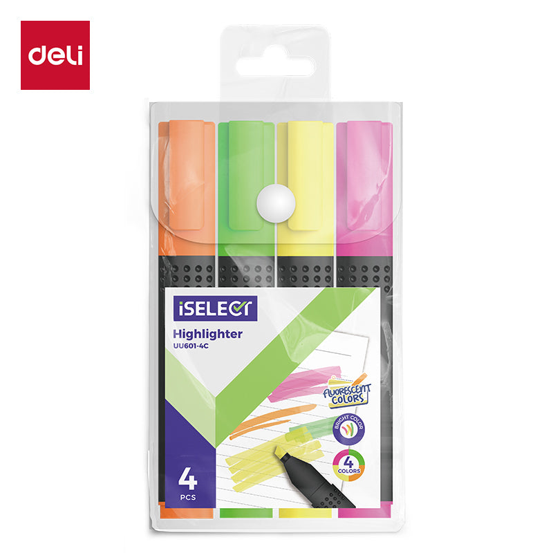 iSelect Highlighter-1.4mm-4C | 4 neon colors | Chiesel tip | Smooth highlighting | Bright